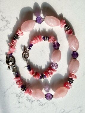 Handmade Pink and Purple Rose Quartz & Amethyst Necklace and Bracelet Set